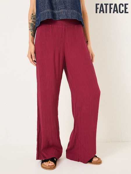 FatFace Burgundy Red Shirred Palazzo Wide Leg Trousers (E84506) | £49.50