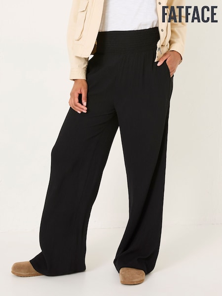 FatFace Black Shirred Palazzo Wide Leg Trousers (E84523) | £49.50