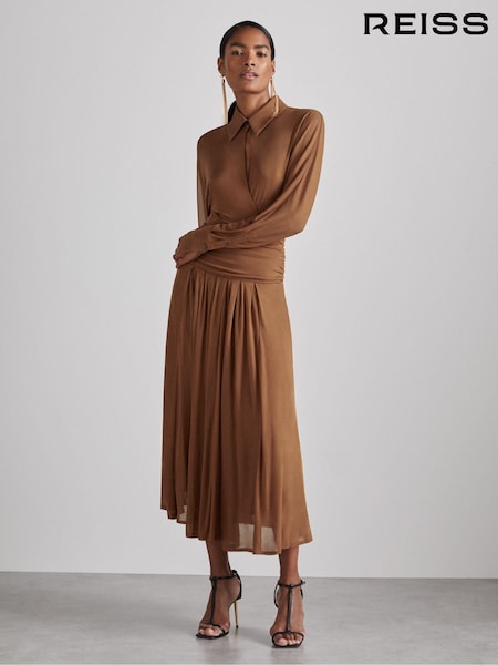 Reiss Tan Saffron Atelier Gathered-Georgette Maxi Dress (E84635) | £198