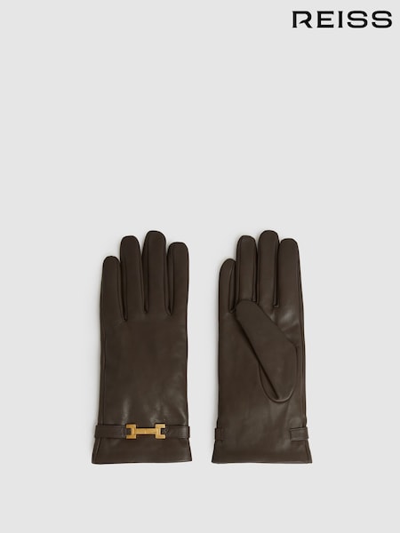 Reiss Chocolate Harriet Leather Hardware-Embellished Gloves (E84669) | £78