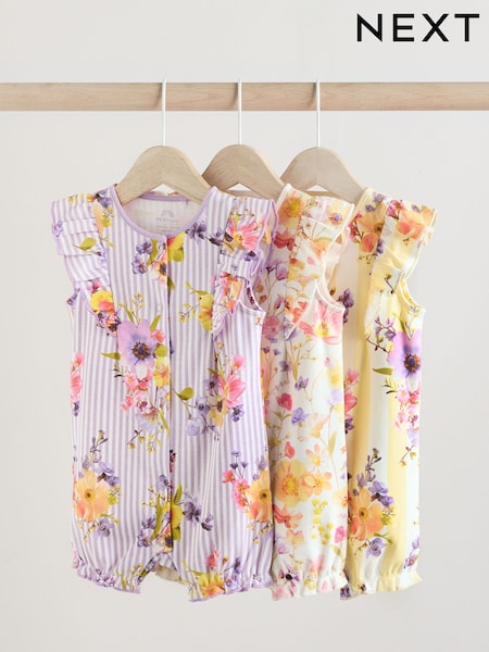 Multi Bright Floral Print Baby 100% Cotton Rompers 3 Pack (E84793) | £18 - £22