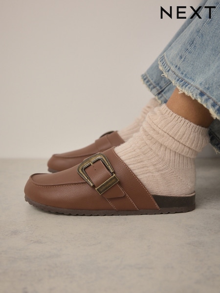 Tan Brown Standard Fit Forever Comfort® Leather Buckle Footbed Clogs (E85081) | £42