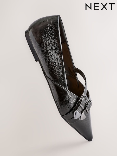 Black Forever Comfort® Point Toe Western Double Buckle Ballet Shoes (E85094) | £36