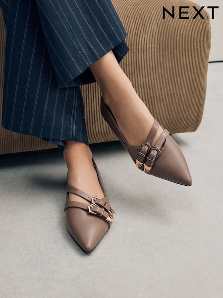 Taupe Forever Comfort® Point Toe Western Double Buckle Ballet Shoes (E85098) | £36