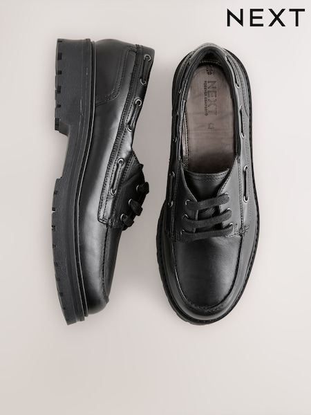 Black Standard Fit Forever Comfort® Leather Chunky Lace-Up Boat Shoes (E85103) | £55