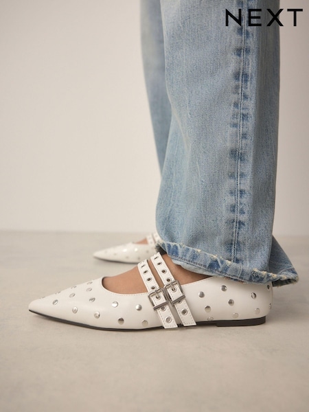 White Standard Fit Forever Comfort® Point Toe Stud Mary Jane Shoes (E85107) | £39
