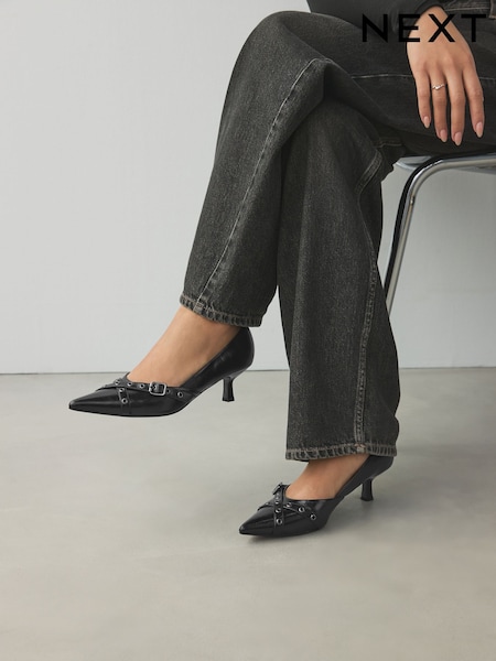 Black Standard Fit Forever Comfort® Point Toe Eyelet Buckle Low Courts (E85139) | £39