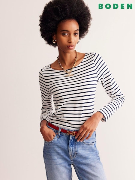 Boden Cream Ella Long Sleeve Breton 100% Cotton Top (E85471) | £28