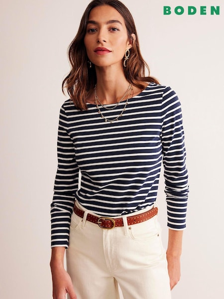 Boden Sky Blue Ella Long Sleeve Breton 100% Cotton Top (E85543) | £28