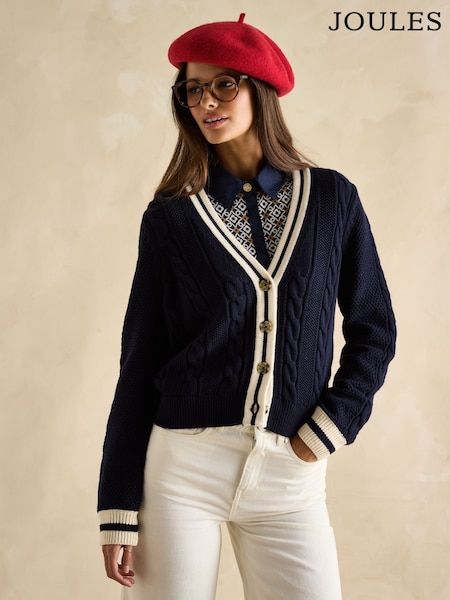 Joules Centre Court Navy Blue Cotton Cable Knit Cardigan (E85936) | £65