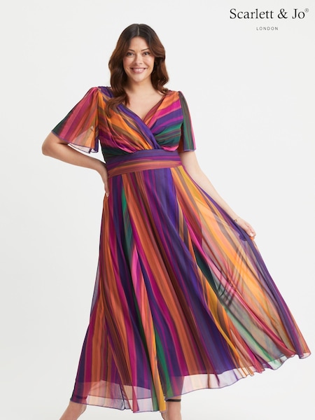 Scarlett & Jo Light Natural Isabelle Multi Stripe Float Sleeve Maxi Dress (E86302) | £95