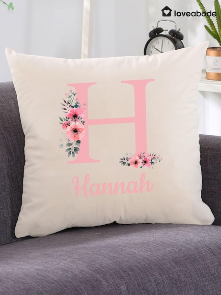 Loveabode Cream 100% Cotton Personalised Initial Flower Print Cushion (E86405) | £23