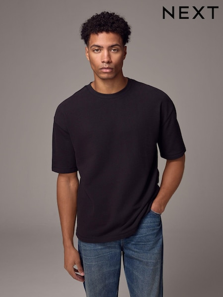 Black Textured Relaxed Heavyweight 100% Cotton T-Shirt (E86471) | £18