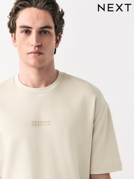 Neutral Stone Relaxed Fit Graphic Print Heavyweight Striped T-Shirt (E86479) | £18