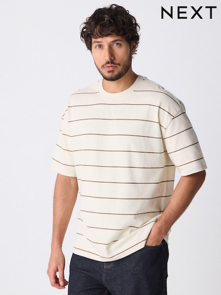 Ecru Relaxed Fit Stripe Heavyweight 100% Cotton T-Shirt (E86623) | £20
