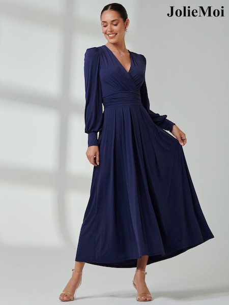 Jolie Moi Navy Blue Long  Sleeve Soft Silky Jersey Maxi Dress (E86763) | £95