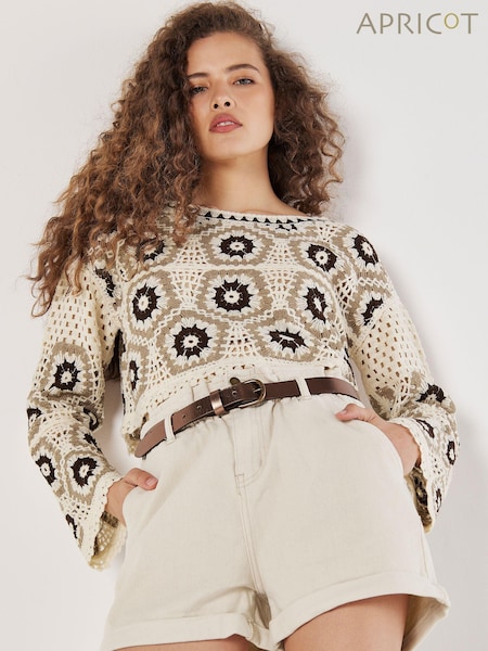 Apricot Brown Crochet Pentagon Bell Sleeve Top (E86925) | £35