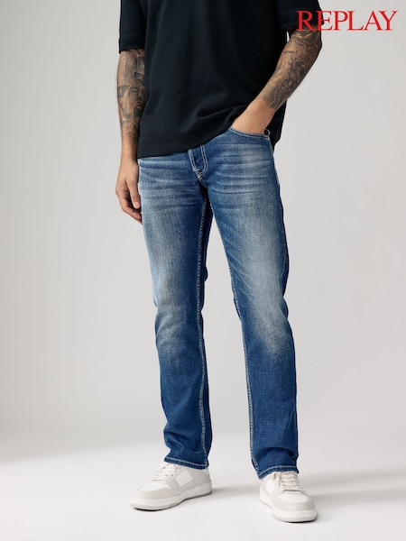 Replay Mid Blue Grover Straight Fit Jeans (E87164) | £140