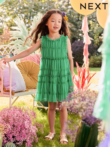 Green Shirred Ruffle Party Dress (3-16yrs) (E87243) | £21 - £27