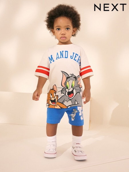 Ecru/Blue Tom and Jerry Short Sleeve Back Print 100% Cotton T-Shirt and Shorts Set (3mths-8yrs) (E87442) | £17 - £21