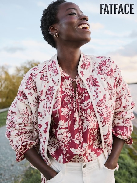 FatFace Evie Burgundy Red Brush Floral Floral Reversible Quilted Jacket (E87897) | £40