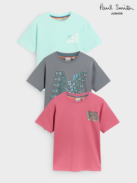 Paul Smith Junior Boys Red/Mint Green 100% Cotton Signature Relaxed T-Shirts Set 3 Pack (E87955) | £34