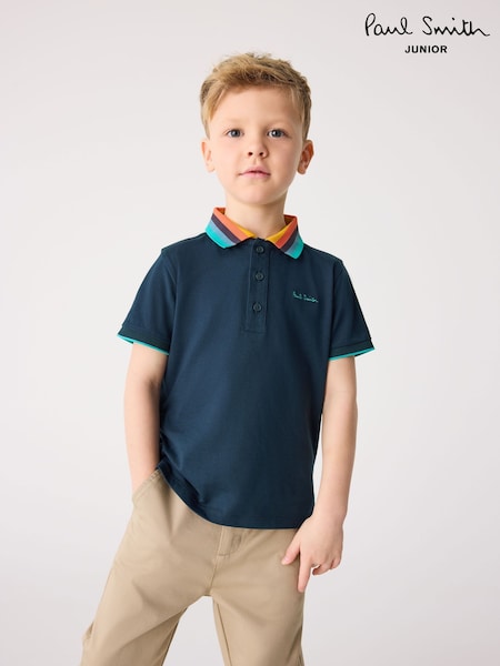 Paul Smith Junior Boys Navy Short Sleeve Artist Stripe Collar 100% Cotton Polo Shirt (E87975) | £45