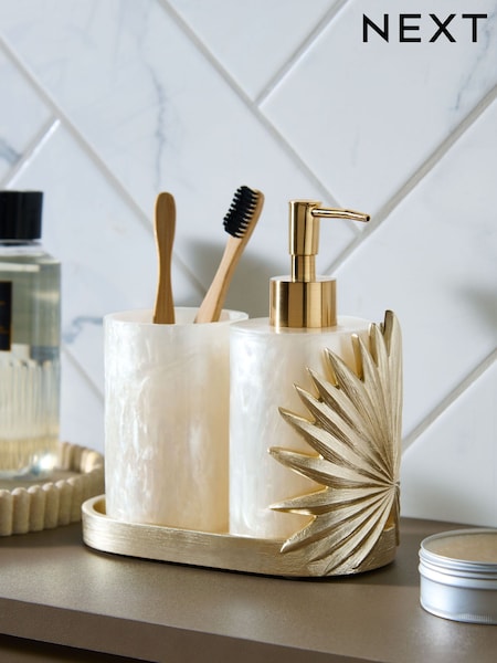 Gold Pearl Palm Leaf Soap Dispenser and Tidy Set (E88053) | £28