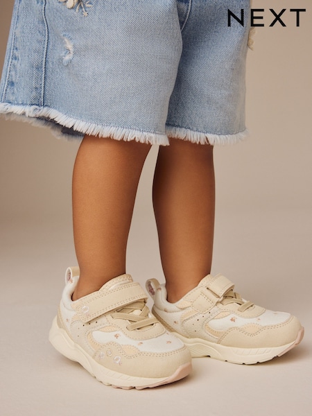 Neutral Embroidered Floral Elastic Lace Touch Fasten Trainers (E88103) | £22 - £25