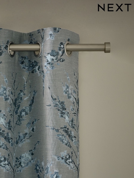 Blue Floral Jacquard Eyelet Lined Curtains (E88169) | £60 - £135