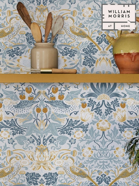 William Morris At Home Soft Blue Strawberry Thief 10M Wallpaper (E88201) | £60