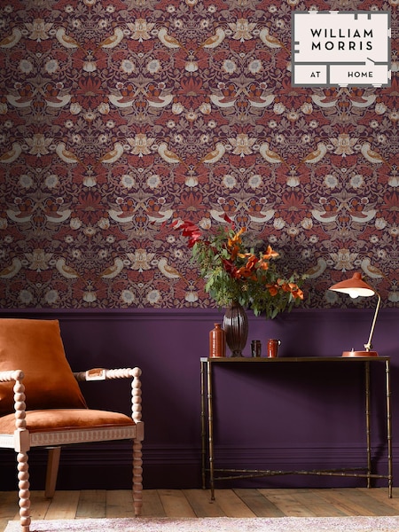 William Morris At Home Plum Strawberry Thief 10M Wallpaper (E88213) | £60