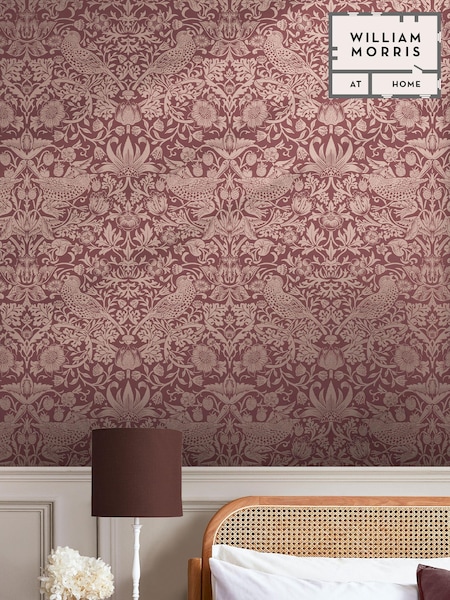 William Morris At Home Burgundy Strawberry Thief 10M Wallpaper (E88214) | £60