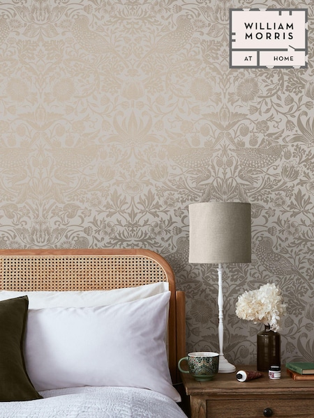 William Morris At Home Neutral Strawberry Thief Fibrous 10M Wallpaper (E88215) | £60