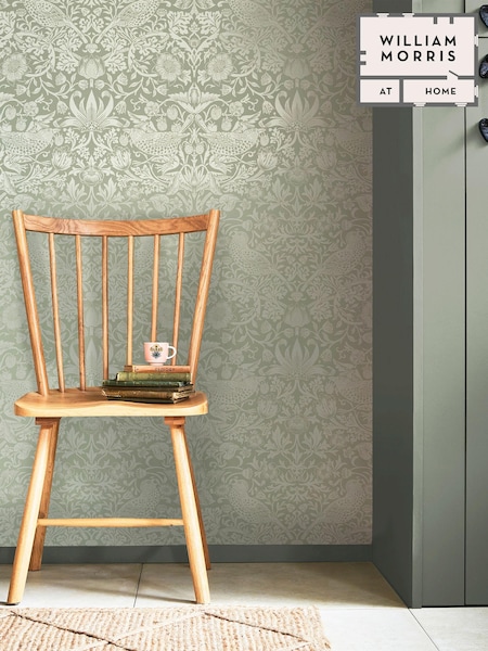 William Morris At Home Sage Strawberry Thief Fibrous 10M Wallpaper (E88236) | £60
