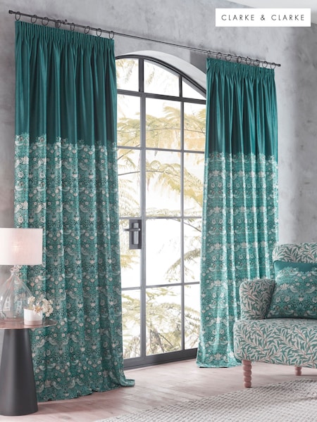 Clarke and Clarke Teal Strawberry Thief Pencil Pleat Curtains (E88921) | £100 - £220