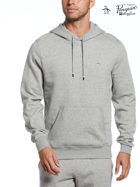 Original Penguin Grey Sticker Pete Fleece Hooded Sweatshirt in Rain Heather (E89226) | £70