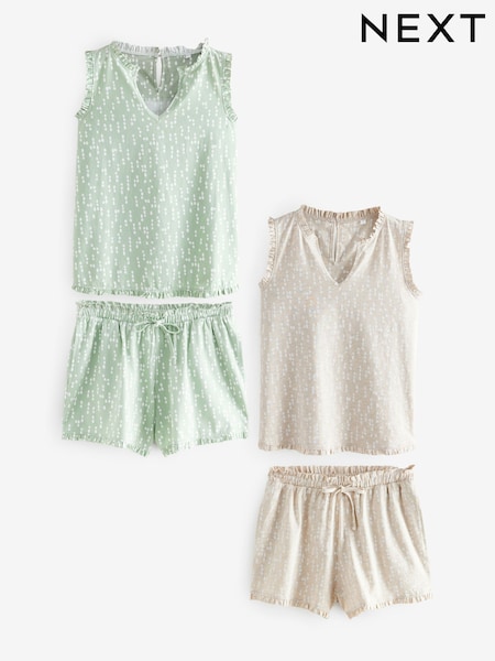 Green/Oatmeal Spot Frill Vest Short Set Pyjamas 2 pack (E89433) | £38