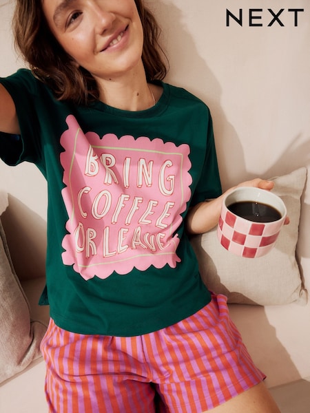 Green Coffee 100% Cotton Graphic Short Sleeve Pyjamas (E89440) | £20