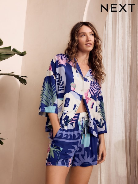 Blue Houses Button Through Short Set Pyjamas (E89445) | £32