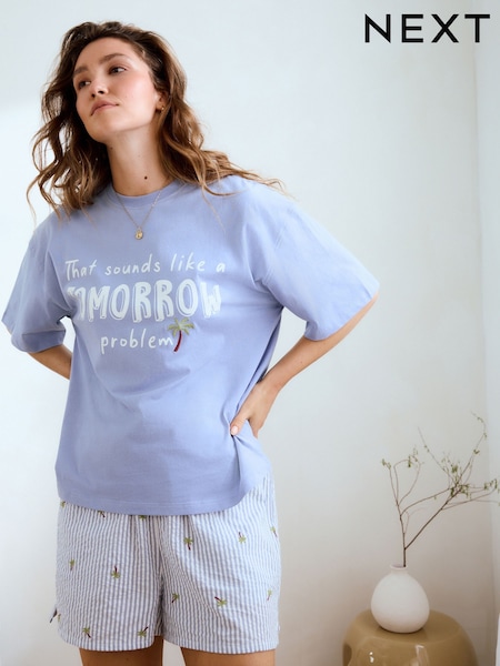 Blue Palms 100% Cotton Textured Short Pyjamas Set (E89446) | £30