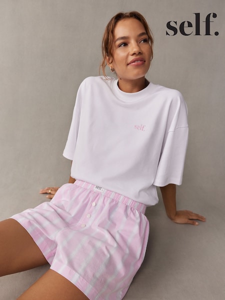 self. Ecru/Pink Stripe 100% Cotton Short Set Pyjamas (E89451) | £26