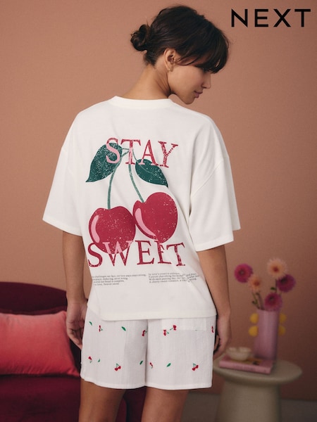 Red/Ecru Cherries 100% Cotton Textured Short Pyjamas Set (E89461) | £30
