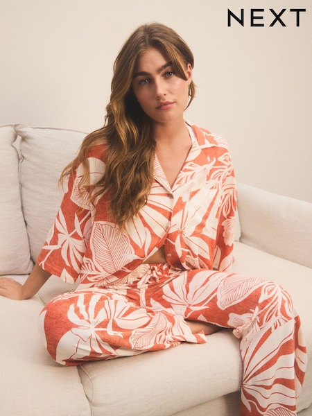 Rust Brown Leaf Linen Blend Button Through Pyjamas (E89516) | £46