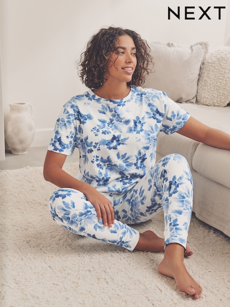 Blue Floral 100% Cotton Short Sleeve Pyjamas (E89518) | £18