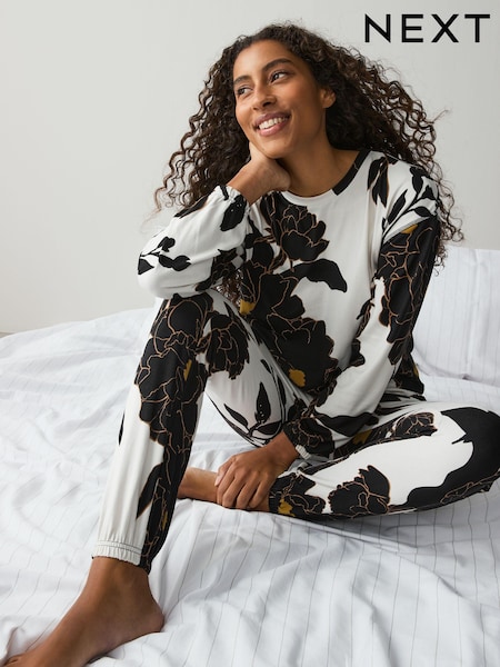 Black/Ochre Floral Cosy Long Sleeve Pyjamas (E89520) | £25