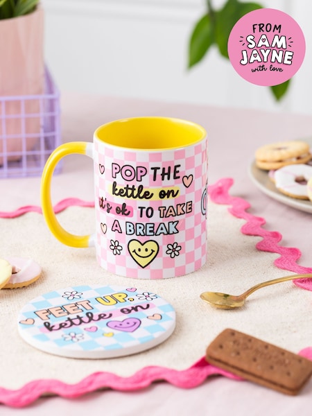 Sam Jayne Designs Yellow Pop the kettle on Mug and Coaster Giftset (E89762) | £20