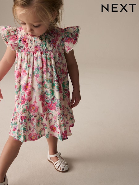 Pink Floral Shirred Angel Sleeve Dress (3mths-8yrs) (E89851) | £15 - £21