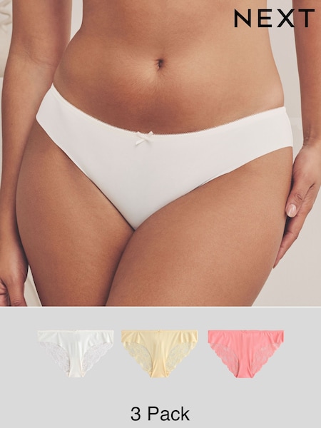 Coral Pink/Lemon/Cream Brazilian No VPL Lace Back Briefs 3 Pack (E89917) | £15