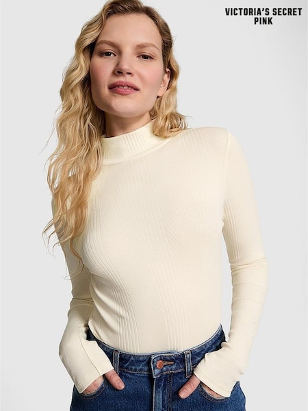 Victoria's Secret PINK White Shell Ribbed Mock Neck Long Sleeve T-Shirt (E89921) | £35